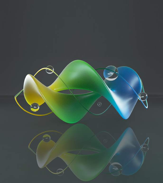 Double 3D spiral in yellow, green, and blue (graphic)