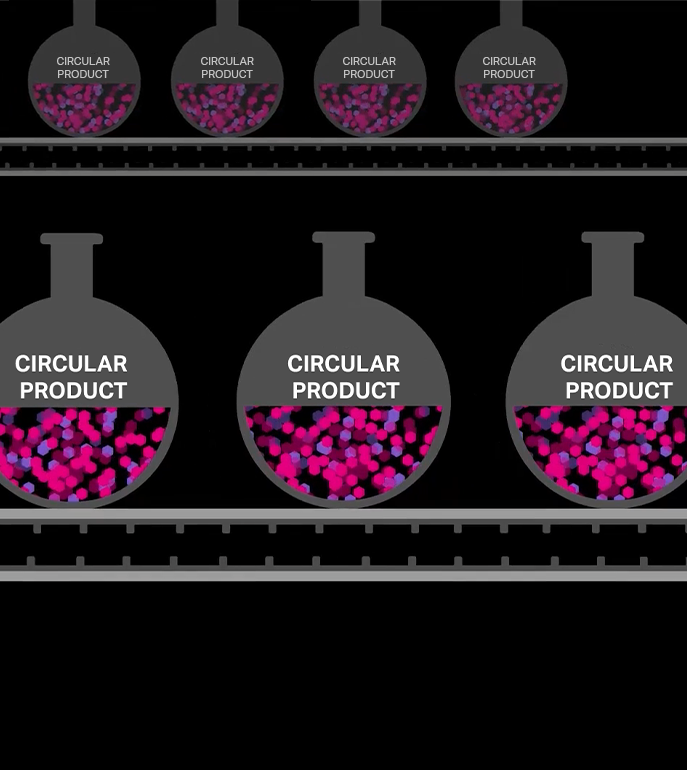 Illustration of round test tubes on a conveyor belt - half filled with colorful circles and Circular Product written above that (graphic)