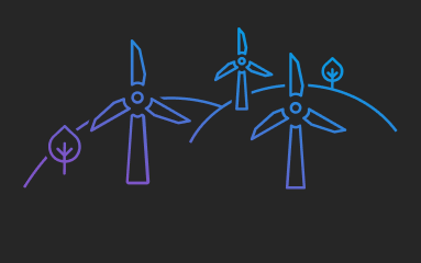 Illustration of 3 wind turbines on 2 hills in blue (graphic)